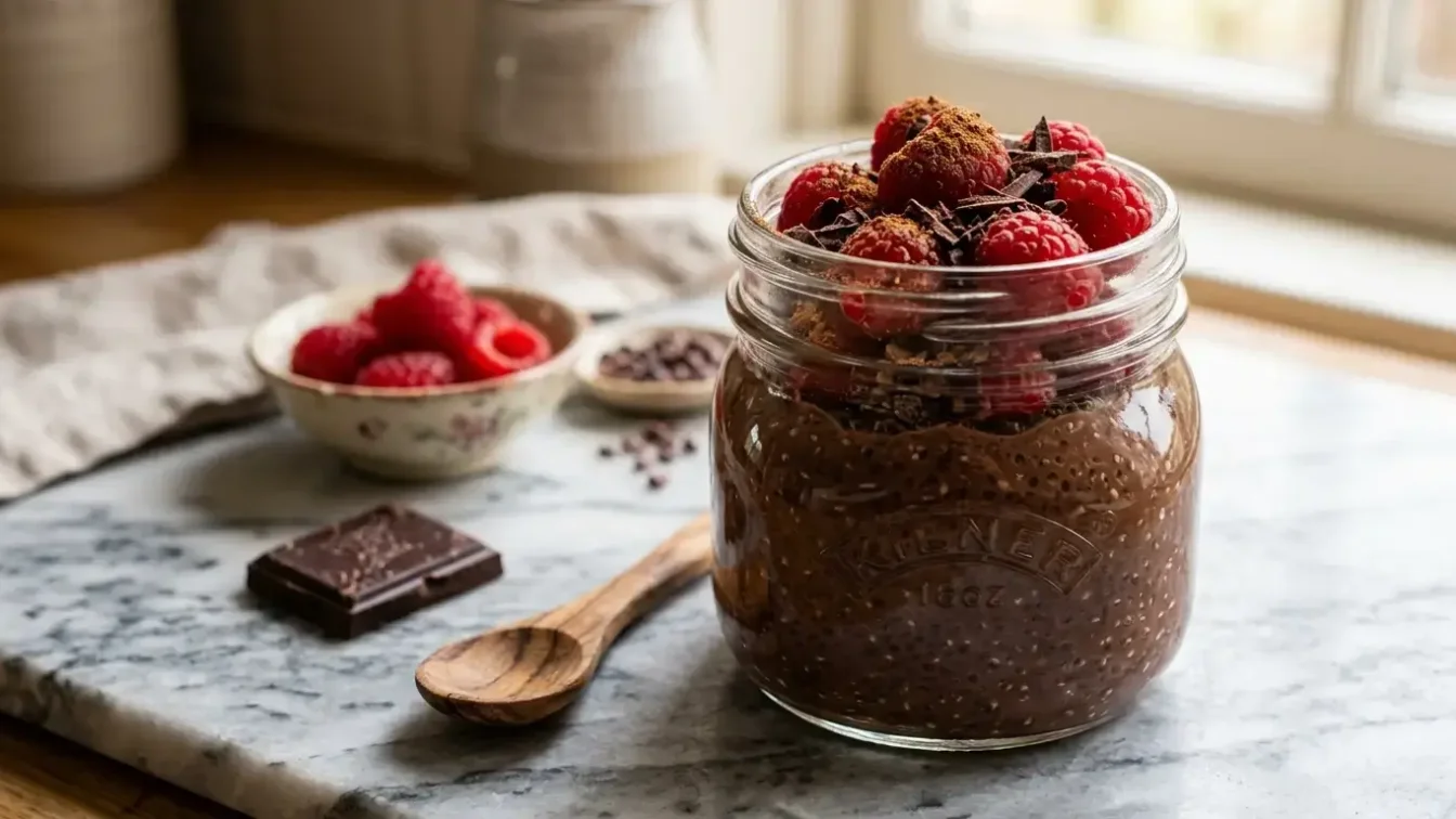 Pudding chia cacao au yaourt grec avec topping chocolat