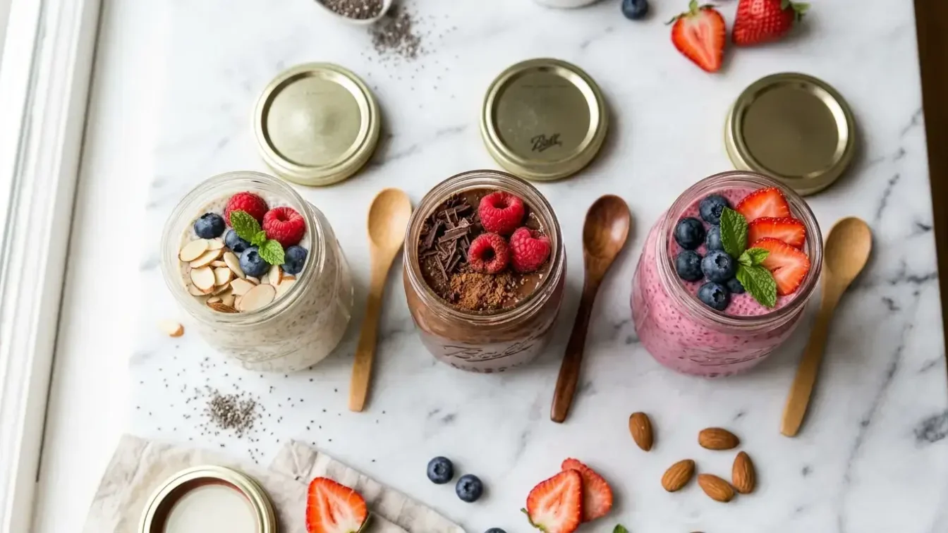 Trois puddings chia protéinés maison à la vanille, au cacao et aux fruits rouges