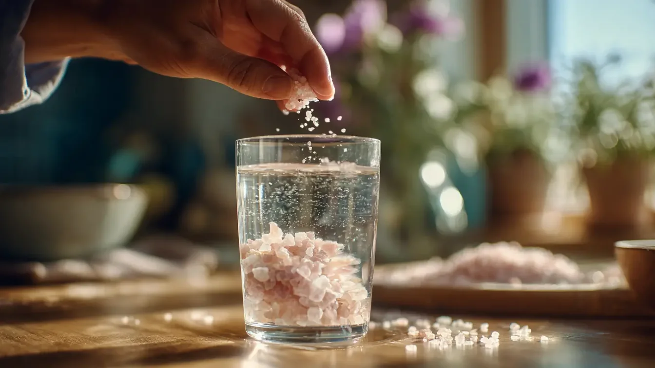 Préparation d’une boisson au sel rose avec une pincée de sel rose