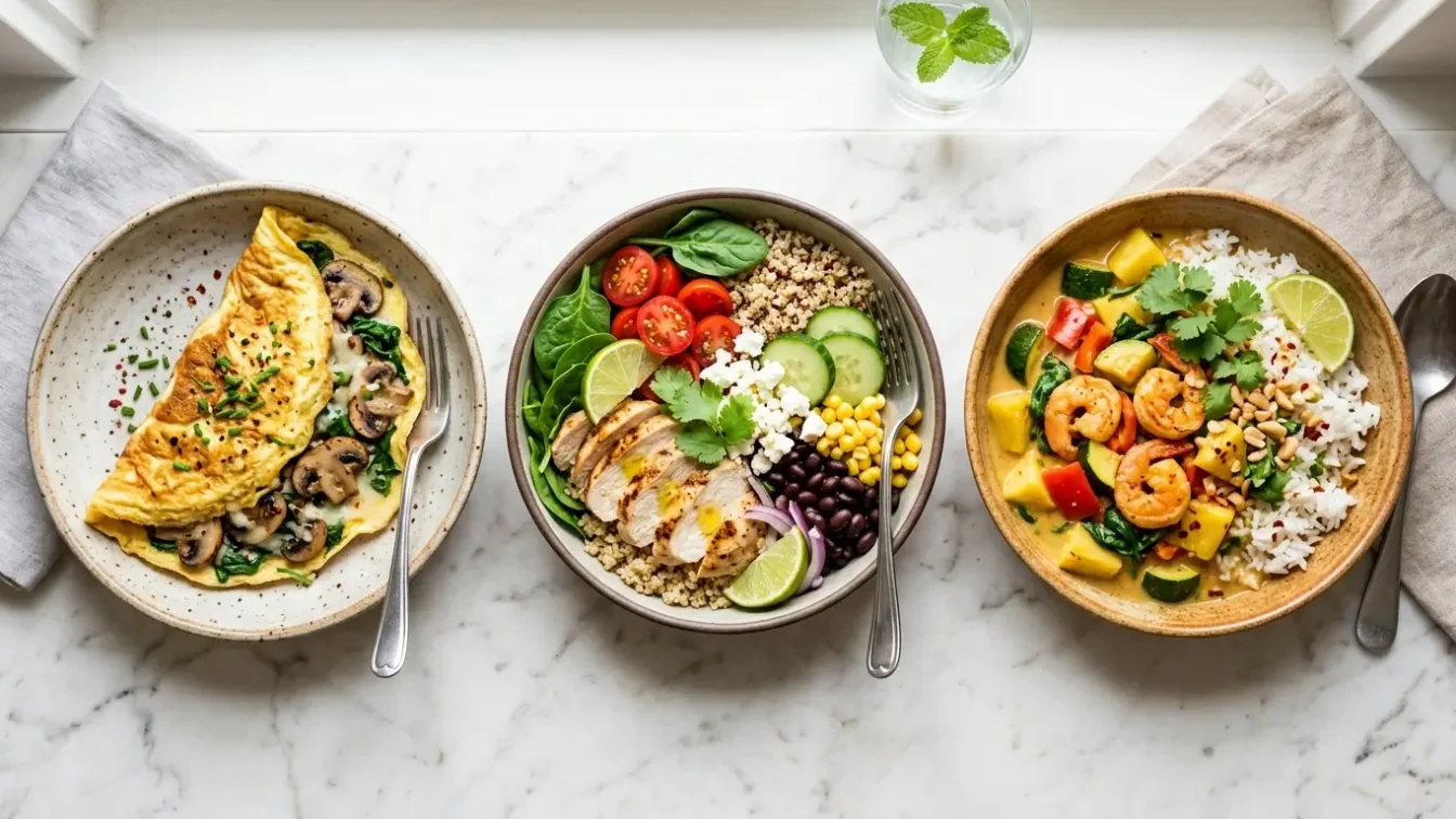 Trois repas hyperprotéinés maison : omelette, bowl poulet et crevettes curry coco