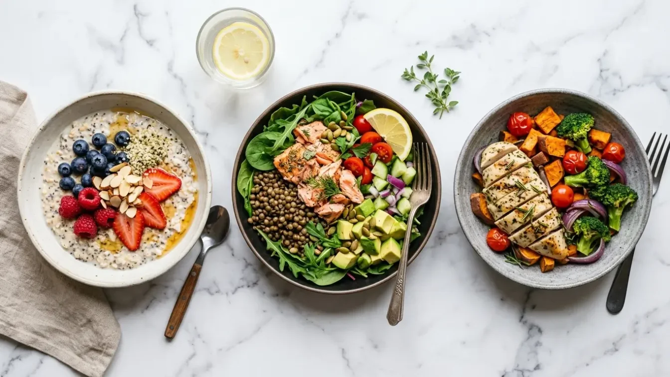 Trois repas équilibrés : bowl avoine, salade lentilles saumon et poulet légumes rôtis