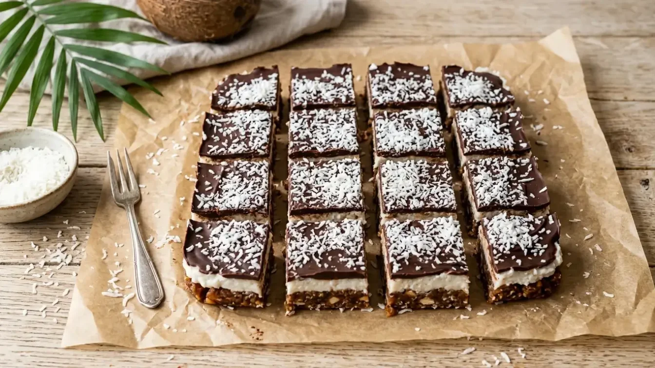 Snickers maison aux dattes avec noix de coco et chocolat