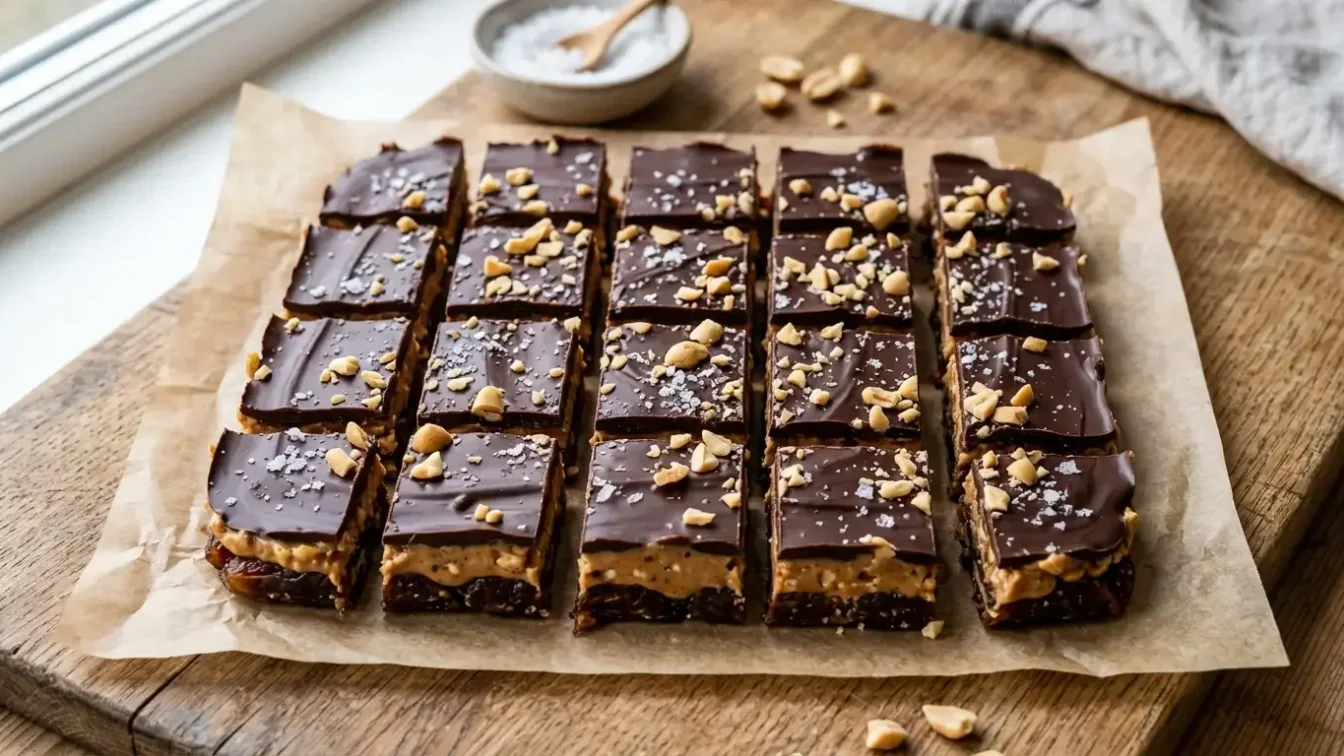 Snickers maison aux dattes avec beurre de cacahuète et chocolat