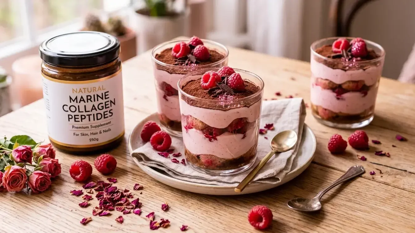 Tiramisu healthy sans œuf au collagène marin et framboises : recette glow protéinée 25g de protéines yumarecette