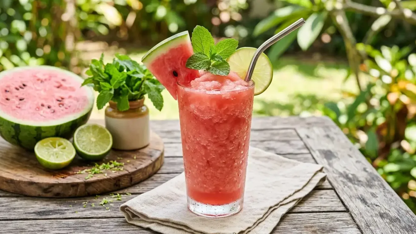 Watermelon slushie classique healthy : recette virale TikTok 70 kcal seulement par verre, sans sucre