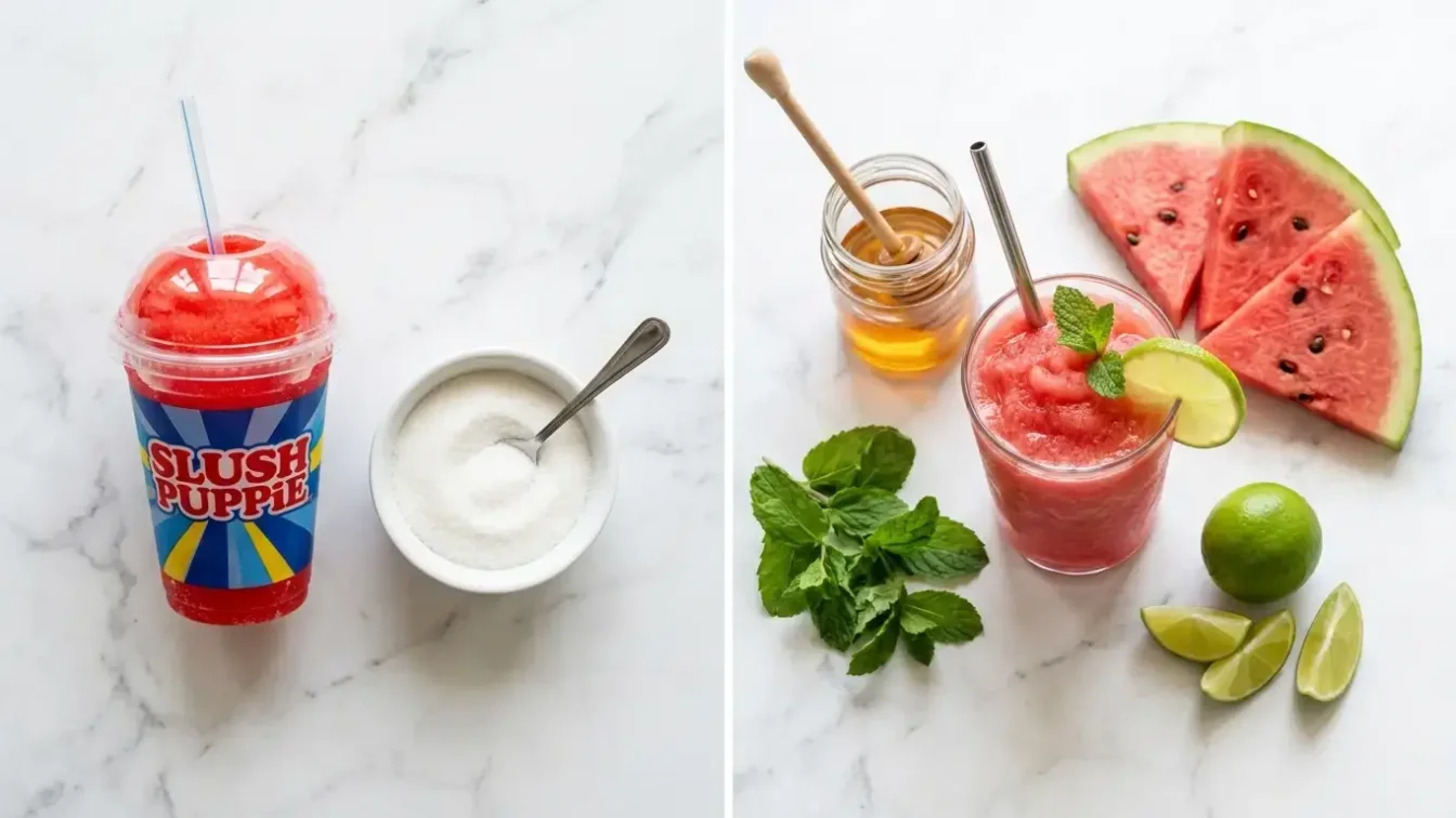 Watermelon slushie maison préparé avec pastèque congelée citron vert et menthe